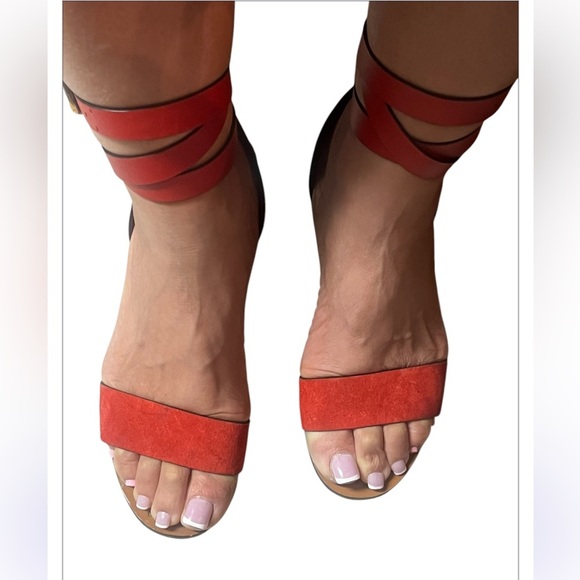 Gucci Authentic 7 US 37 EU Red Orange Leather GG Marmont Sandals Shoes Heels - Picture 2 of 14